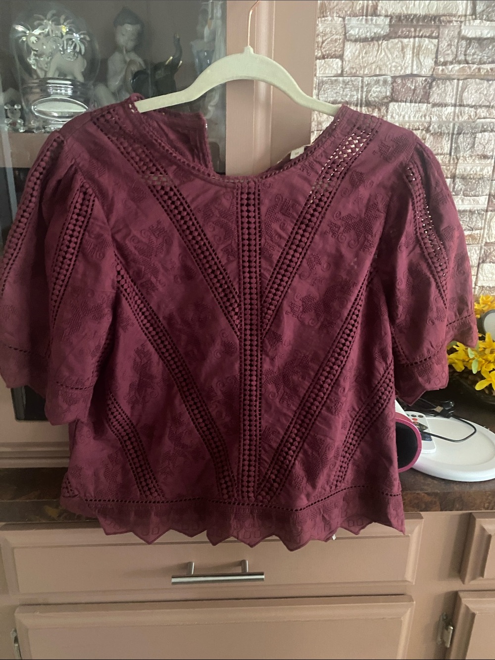Womens Burgundy Eyelet Embroidered Short Sleeve Blouse